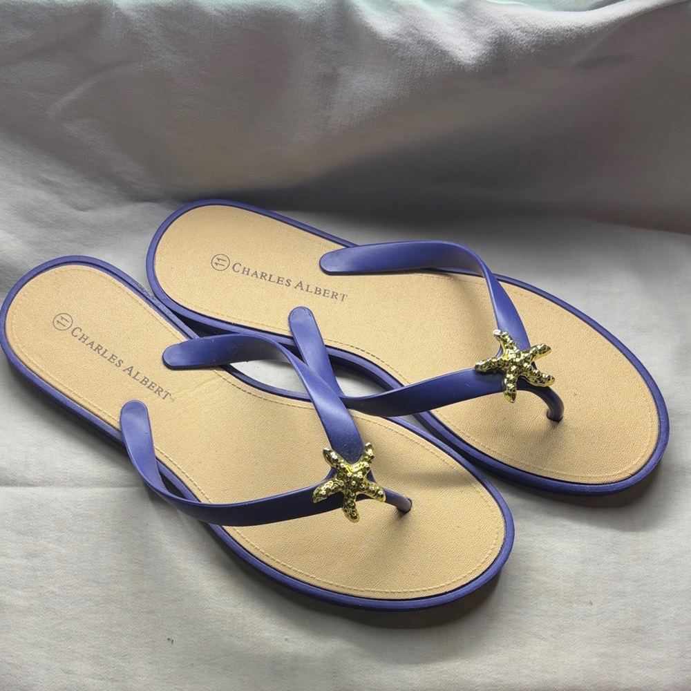 Charles Albert Sapphire Blue Gold Starfish Flip Flop Sandals